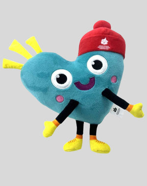 Türkises Herz mit einem Gesicht, mit Roter Mütze, gelben Handschuhen und Boots