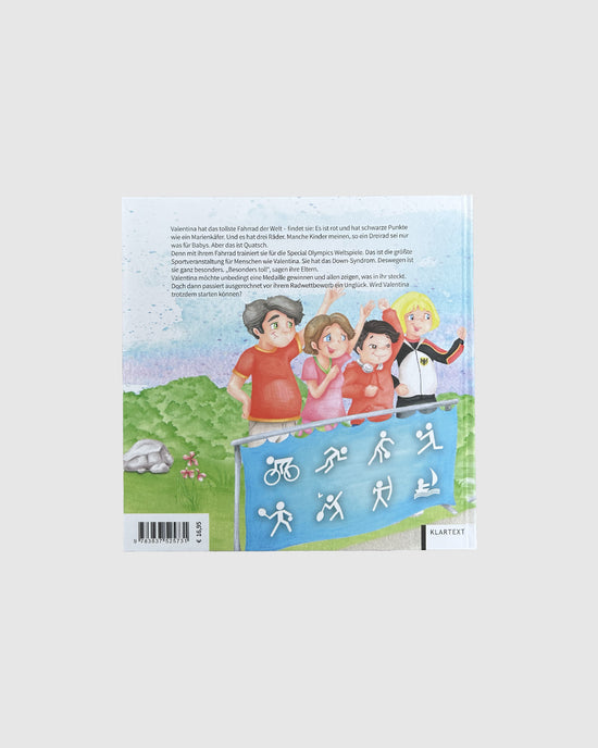 Rückseite des Kinderbuches mit kurzem Text und bunten Zeichnungen.