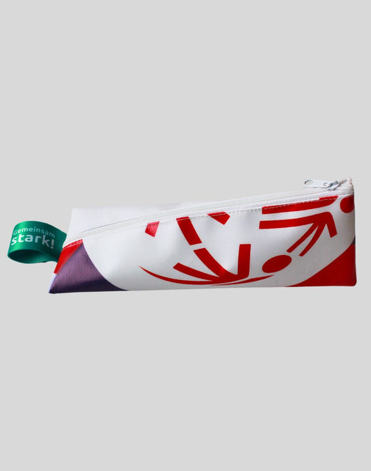 Pencil case made from recycled 2024 Winter Games banner material
