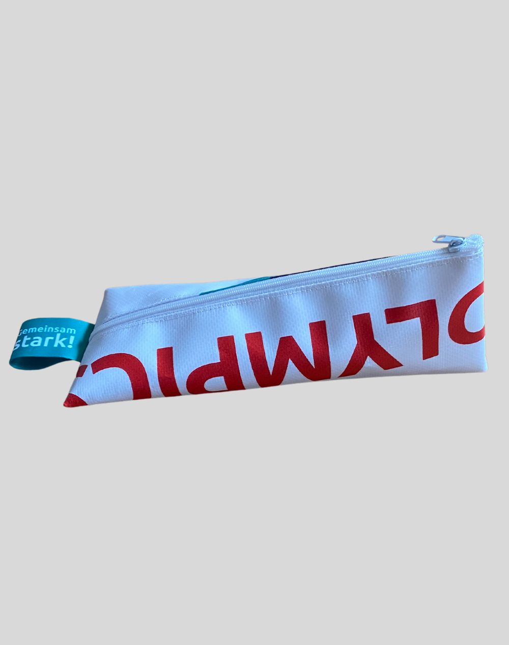 Pencil case made from recycled 2024 Winter Games banner material