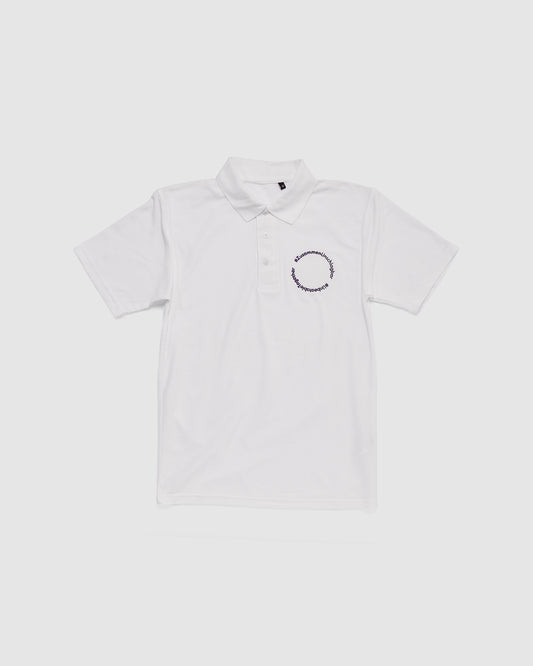 Weißes Polo-Shirt, mit Schriftzug '#ZusammenUnschlagbar' 