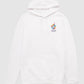 Weißer Hoodie mit kleinem Weltspiele Logo vorne 