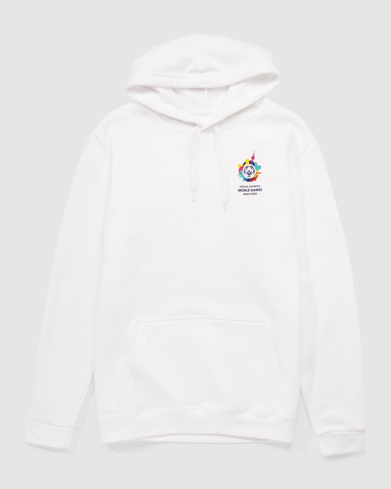 Weißer Hoodie mit kleinem Weltspiele Logo vorne 