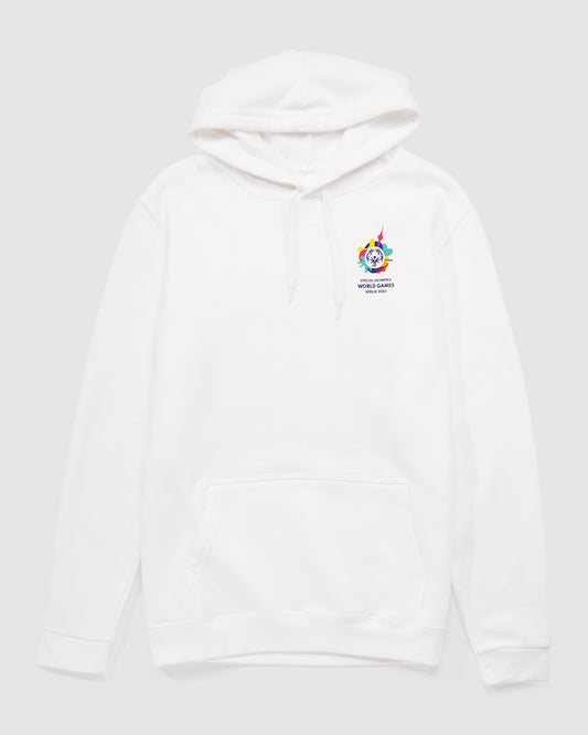 Weißer Hoodie mit kleinem Weltspiele Logo vorne 
