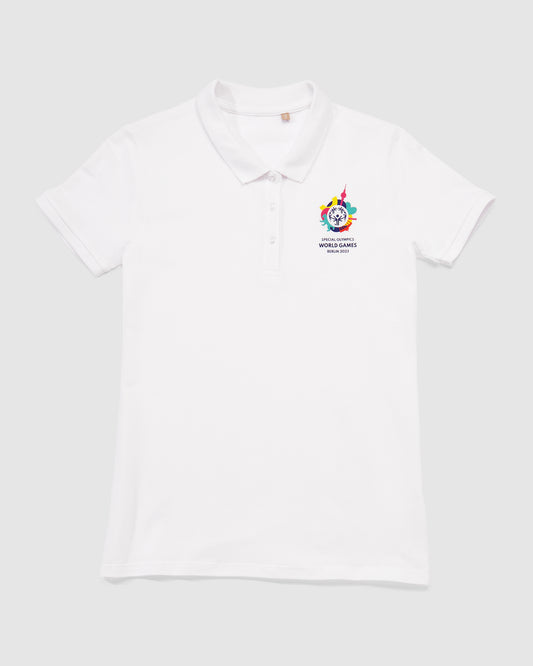 Weißes Poloshirt mit kleinem Weltspiele Logo vorne auf der Brust