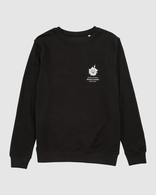 Schwarzes Sweatshirt mit kleinem Weltspiele Logo vorne 