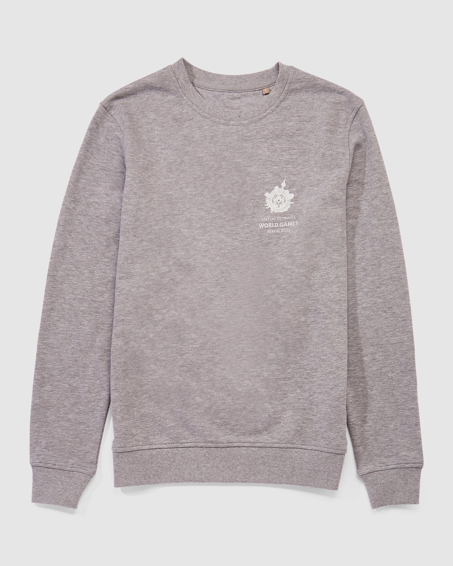 Sweatshirt in grau mit kleinem Weltspiele Logo weiß vorne 