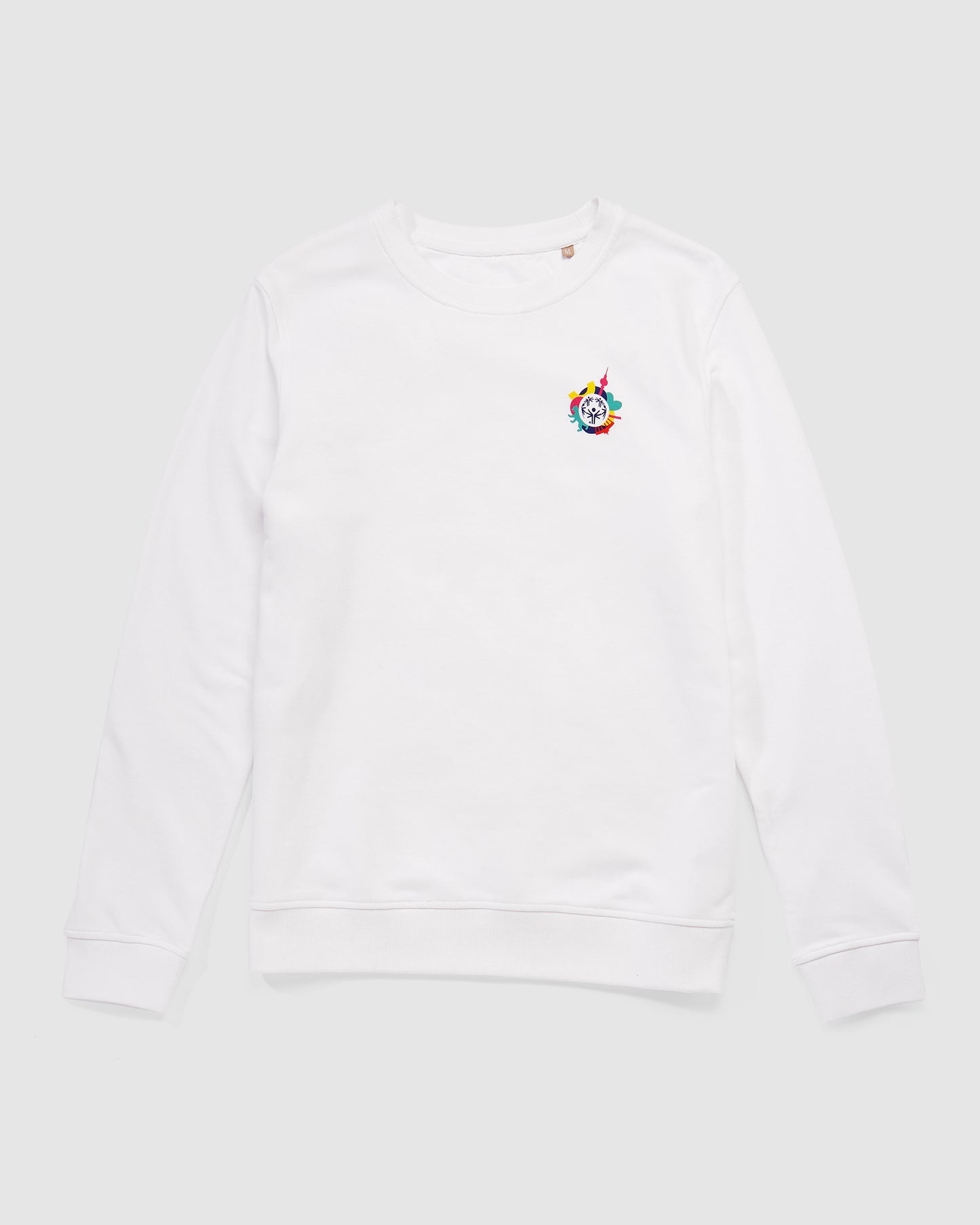 Weißes Sweatshirt mit kleinem Weltspiele Logo vorne