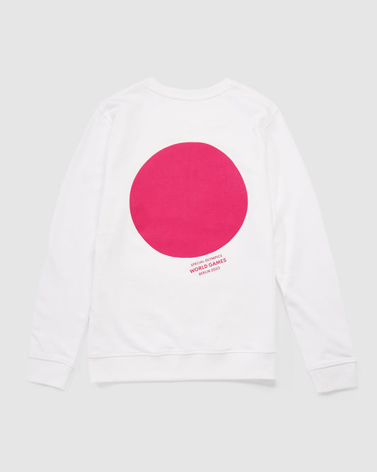 Weißes Sweatshirt mit einem großen Kreis in pink hinten