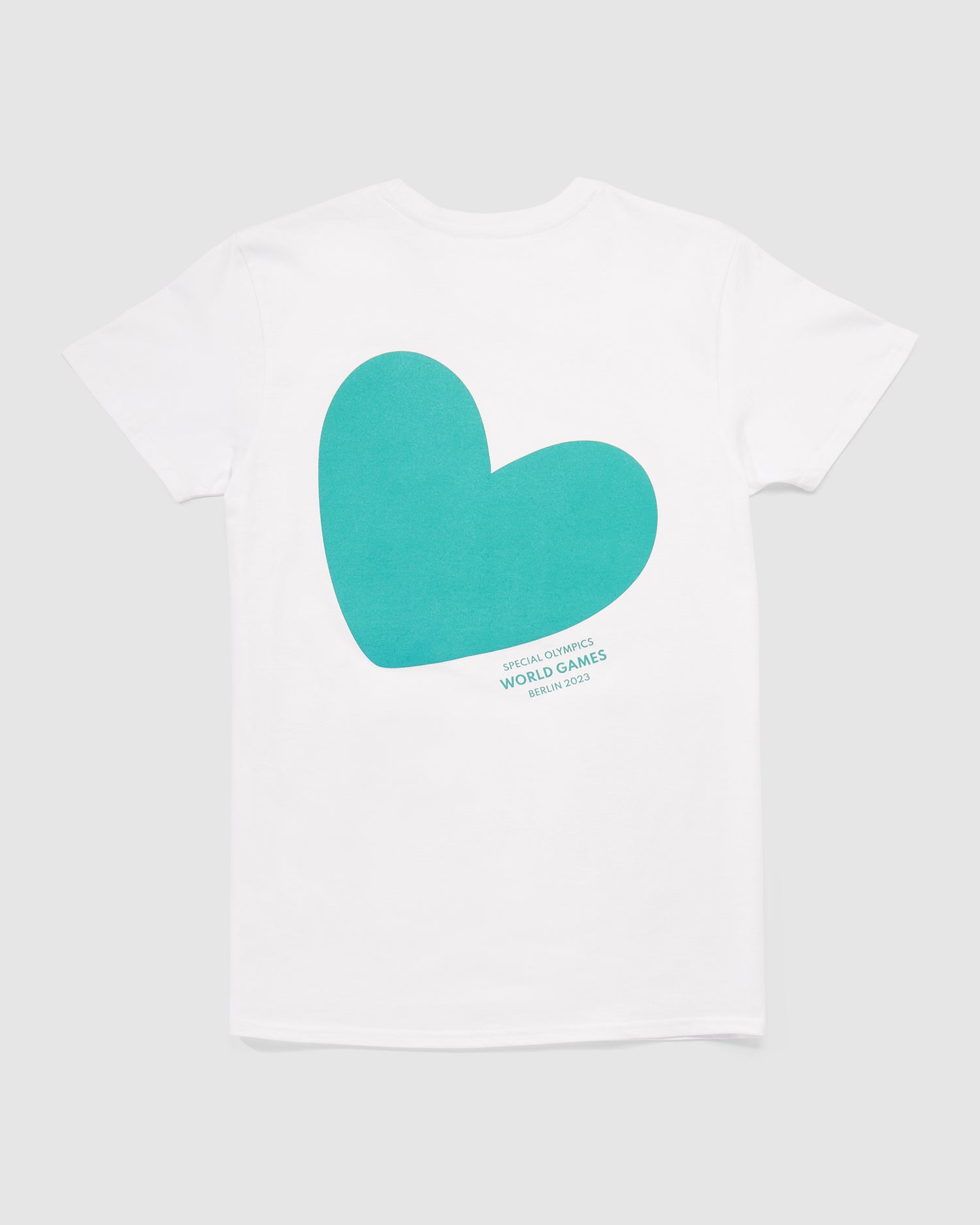 Weißes T-Shirt mit einem großen, Herz in petrol hinten