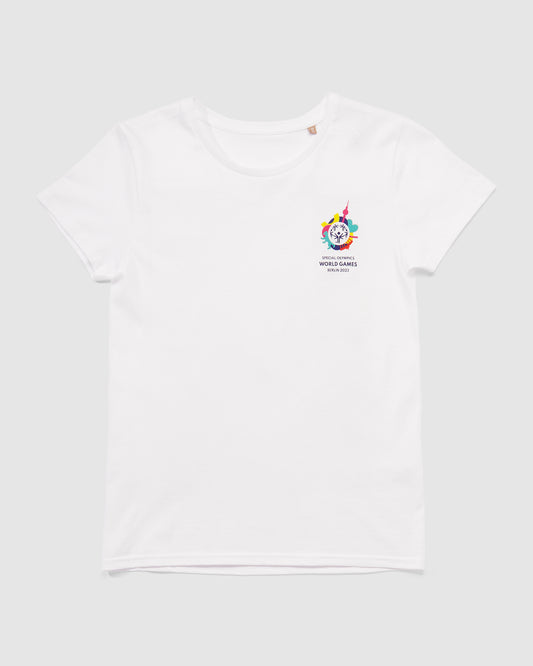 Schwarzes T-Shirt mit kleinem Weltspiele Logo vorne 