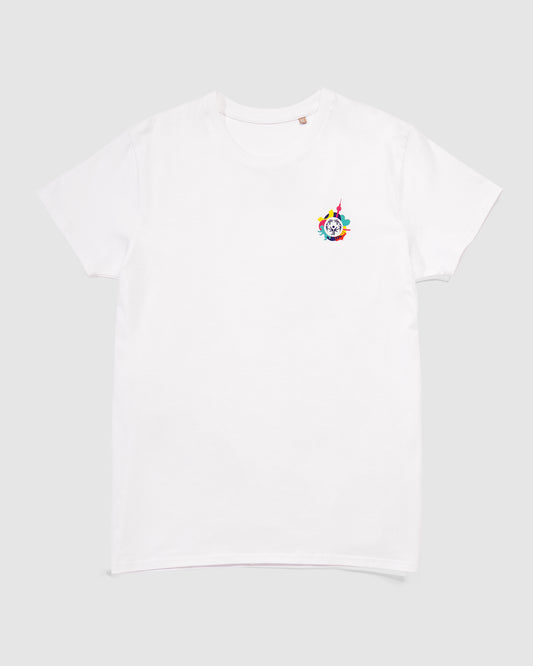 Weißes T-Shirt mit kleinem Weltspiele Logo vorne 