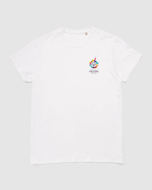 Schwarzes T-Shirt mit kleinem Weltspiele Logo vorne 