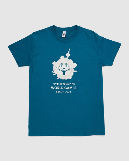  T-Shirt in petrol mit großem Weltspiele Logo in weiß vorne