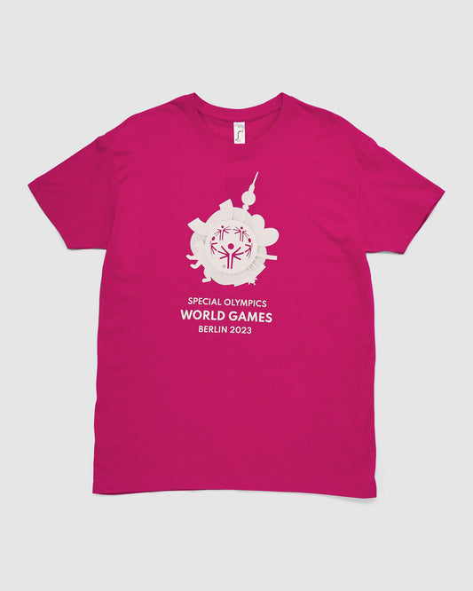 T-Shirt in pink mit großem Weltspiele Logo weiß vorne