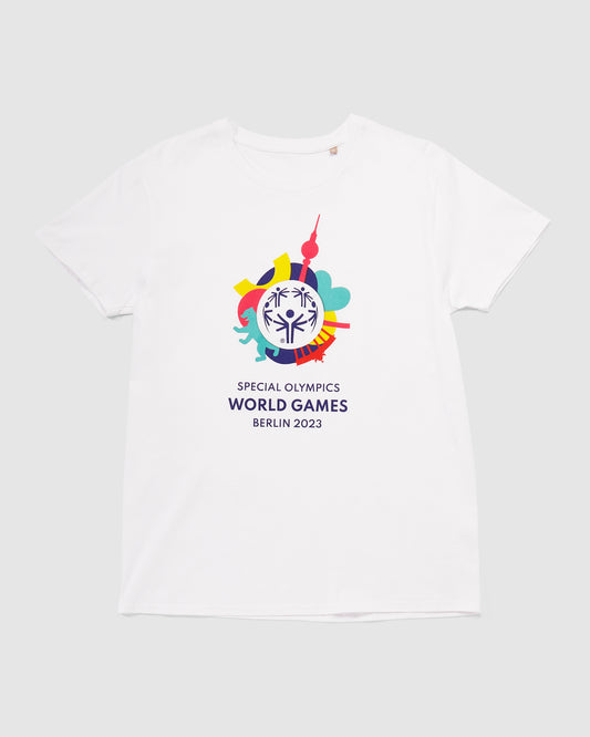 Weißes T-Shirt mit großem Weltspiele Logo vorne